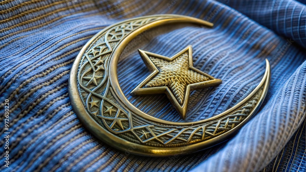 Decorative crescent moon and star ornament on blue fabric background with copy space
Decorative crescent moon and star ornament on blue fabric background with copy space