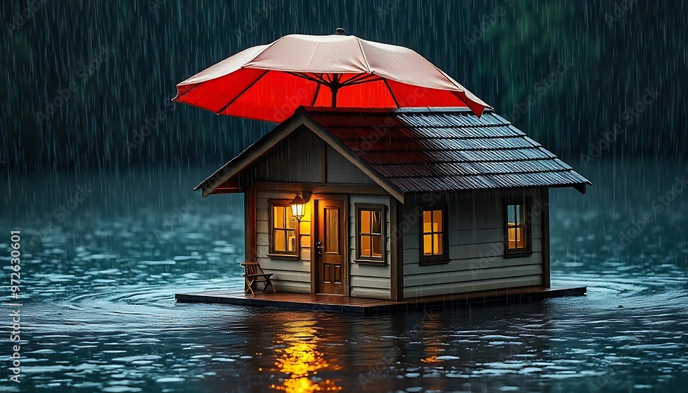 Fototapeta premium A small house with an umbrella roof in the rain, surrounded by water. Concept of home insurance and property protection, House Insurance Icon, banner, poster, illustration, created with generative ai