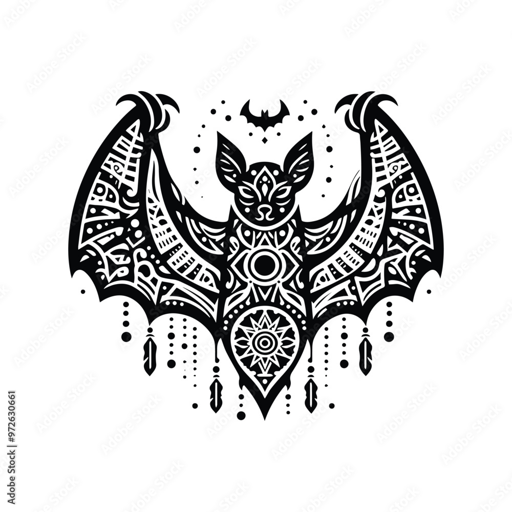 Fototapeta premium Bat in bohemian black and white silhouette illustration