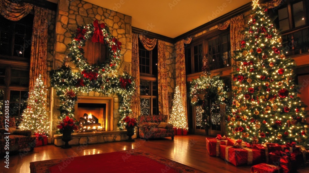 Luxurious Christmas living room with decorated trees and fireplace Luxurious Christmas living room with decorated trees and fireplace