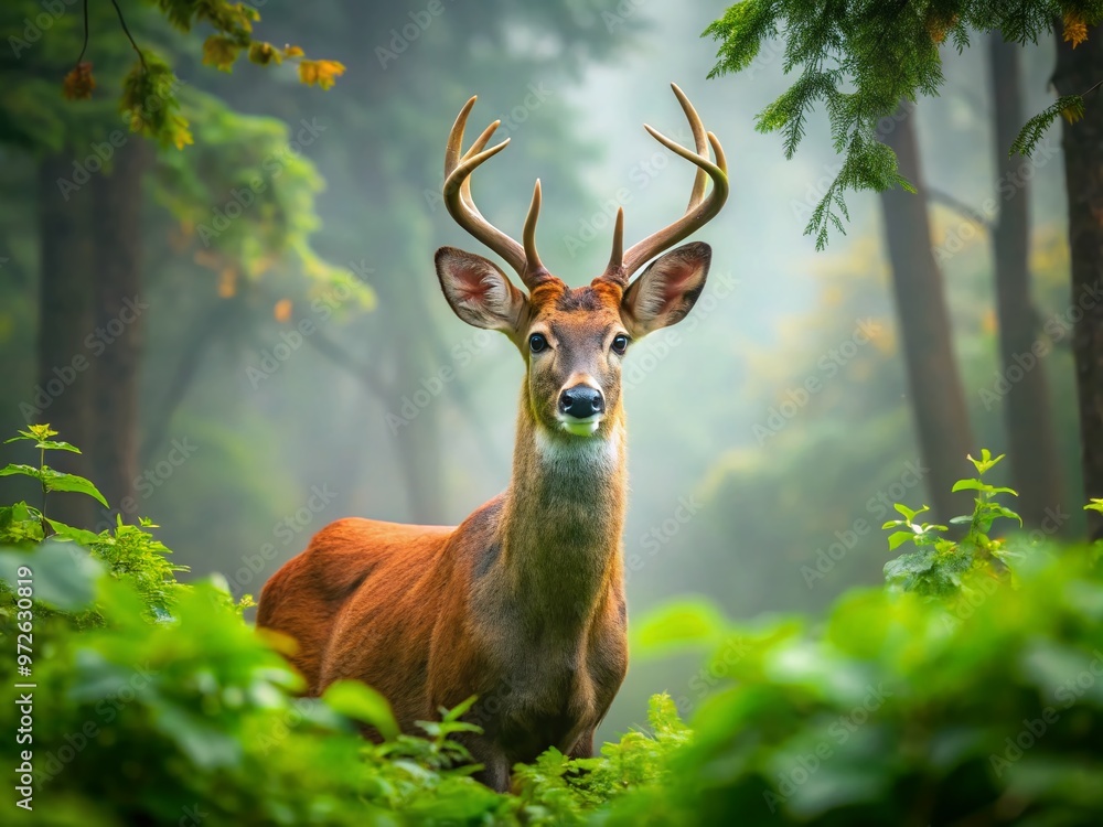 Majestic spike buck deer stands alert in a misty forest, its small antlers and large brown eyes a Majestic spike buck deer stands alert in a misty forest, its small antlers and large brown eyes a
