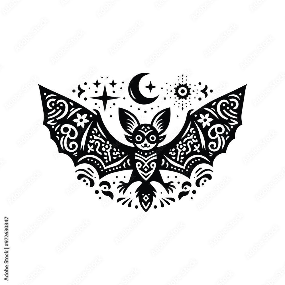 Fototapeta premium Bat in folk art black and white silhouette illustration