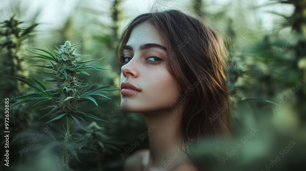 Brunette girl exploring lush cannabis bushes in a serene green landscape at golden hour Brunette girl exploring lush cannabis bushes in a serene green landscape at golden hour