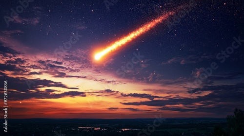 A flaming orange comet streaking across the night sky, leaving a trail of light and wonder