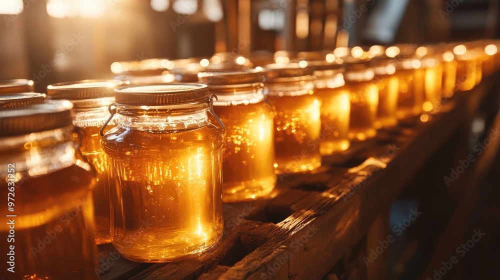 Clear Honey Jars in Rustic Arrangement, Bathed in Warm Sunlight, Representing Nature's Pure Sweetness Clear Honey Jars in Rustic Arrangement, Bathed in Warm Sunlight, Representing Nature's Pure Sweetness