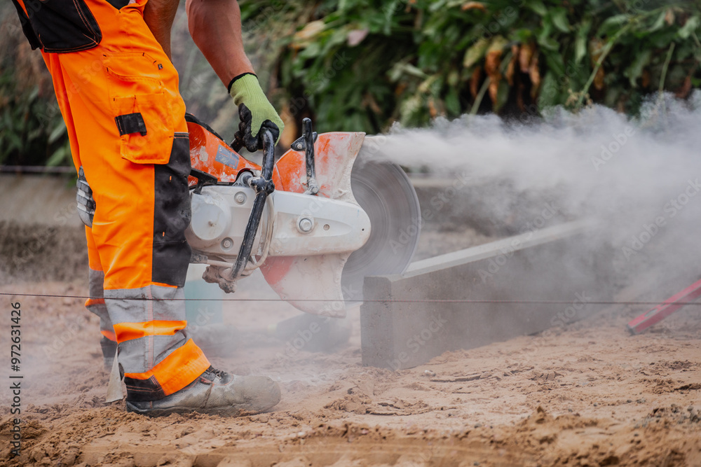 Asphalt power tool cutter working on pavement cutter, Worker wearing safety outfit Asphalt power tool cutter working on pavement cutter, Worker wearing safety outfit