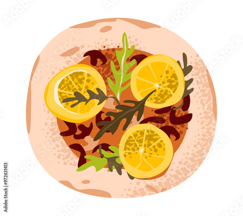 Vegetarian pizza with lemon and herbs. Flat vector illustration