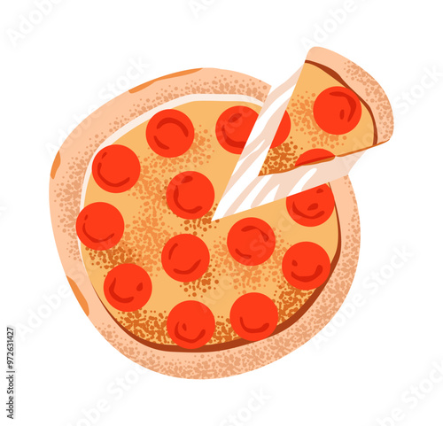 Pizza with pepperoni and cheese. A slice of pizza. Italian fast food. Flat illustration
