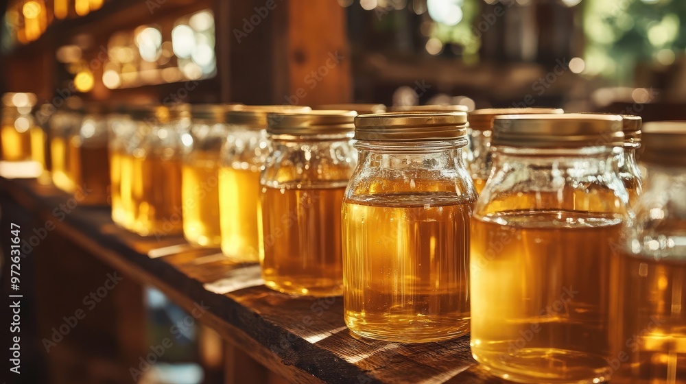 Clear Honey Jars in Rustic Arrangement, Bathed in Warm Sunlight, Representing Nature's Pure Sweetness Clear Honey Jars in Rustic Arrangement, Bathed in Warm Sunlight, Representing Nature's Pure Sweetness