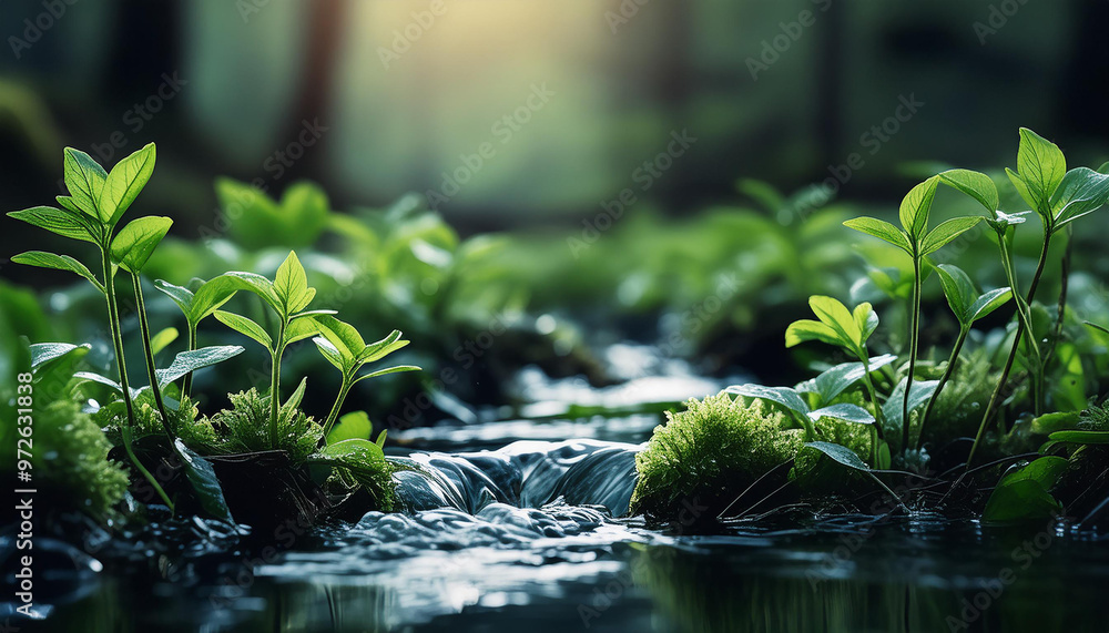 macro spring fresh plants, leaves and grass with drops of dew, on the bank of a stream, clear stream of water. Mockup background with empty space for text, presentation eco product. Generative AI macro spring fresh plants, leaves and grass with drops of dew, on the bank of a stream, clear stream of water. Mockup background with empty space for text, presentation eco product. Generative AI