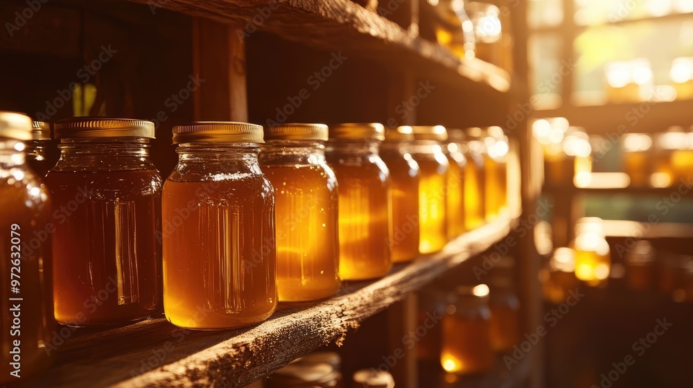 Clear Honey Jars in Rustic Arrangement, Bathed in Warm Sunlight, Representing Nature's Pure Sweetness Clear Honey Jars in Rustic Arrangement, Bathed in Warm Sunlight, Representing Nature's Pure Sweetness