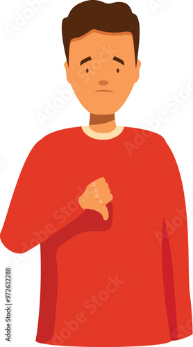 Sad young man is showing thumbs down gesture of disapproval, expressing his negative opinion