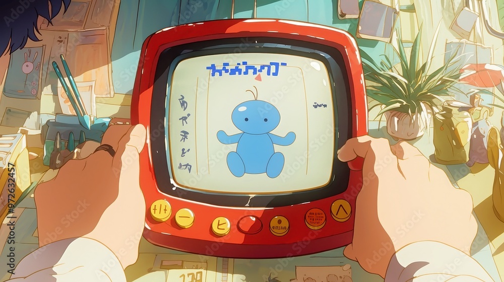 Naklejka premium Tamago Playtime, Animated teens joyfully interacting with their Tamagotchis, celebrating retro technology and the vibrant youth culture of the 90s.