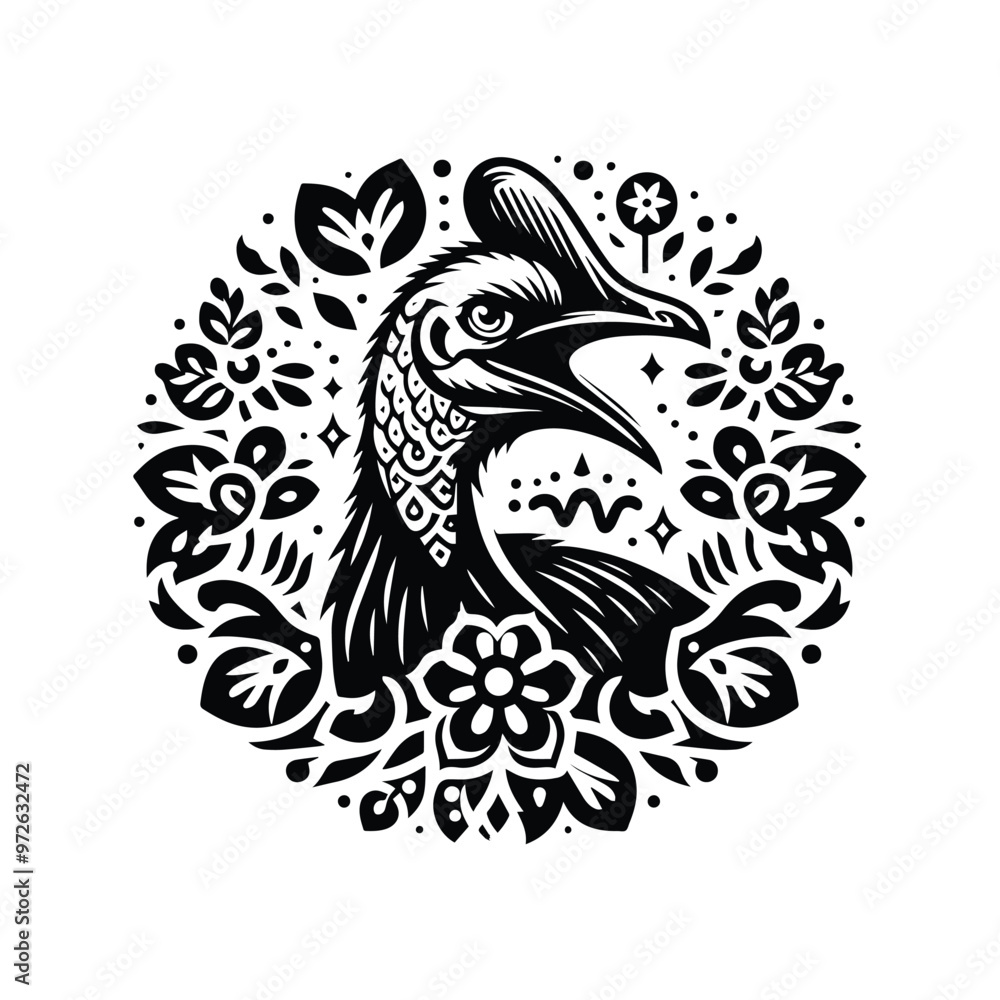 Fototapeta premium Cassowary bird in folk art black and white silhouette illustration