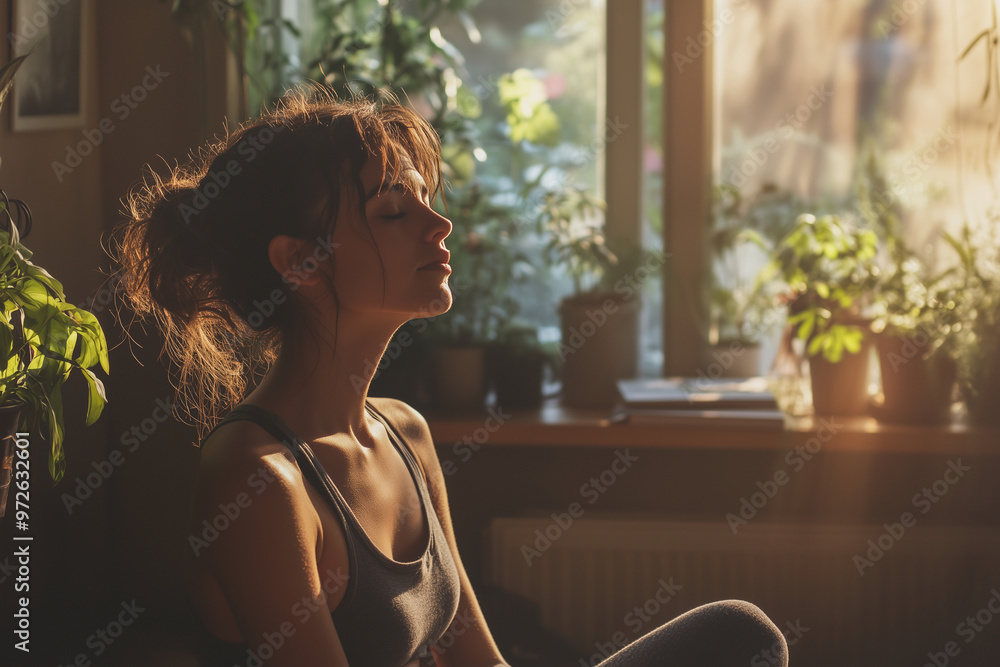 A tranquil moment of reflection in a sunlit room filled with vibrant greenery during morning light A tranquil moment of reflection in a sunlit room filled with vibrant greenery during morning light