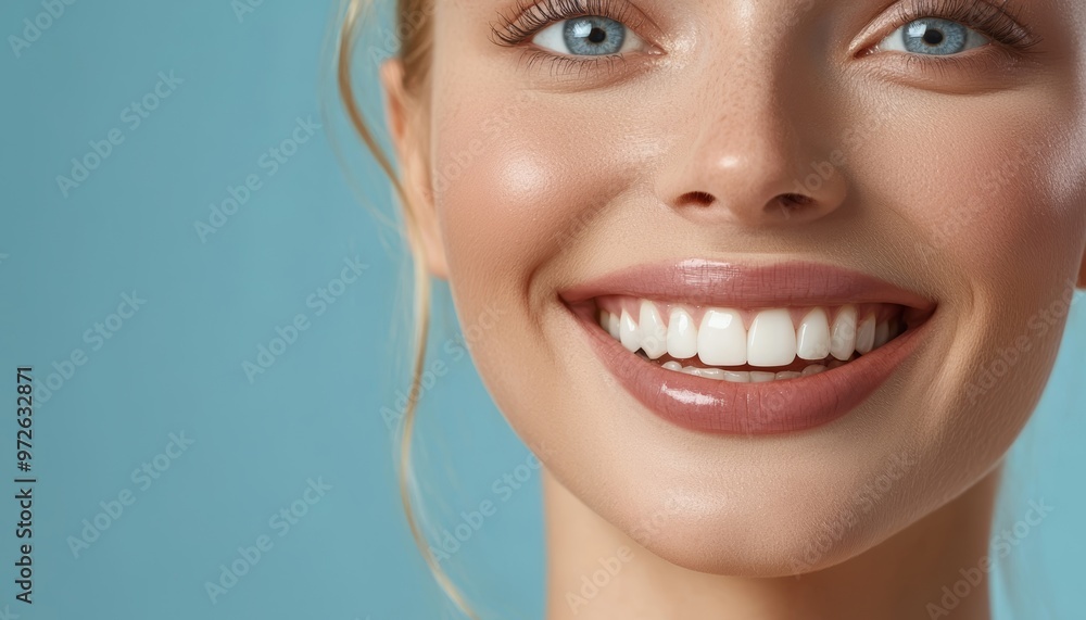How does the combination of a smiling woman and a tooth shade guide represent confidence and self-care in dental marketing How does the combination of a smiling woman and a tooth shade guide represent confidence and self-care in dental marketing