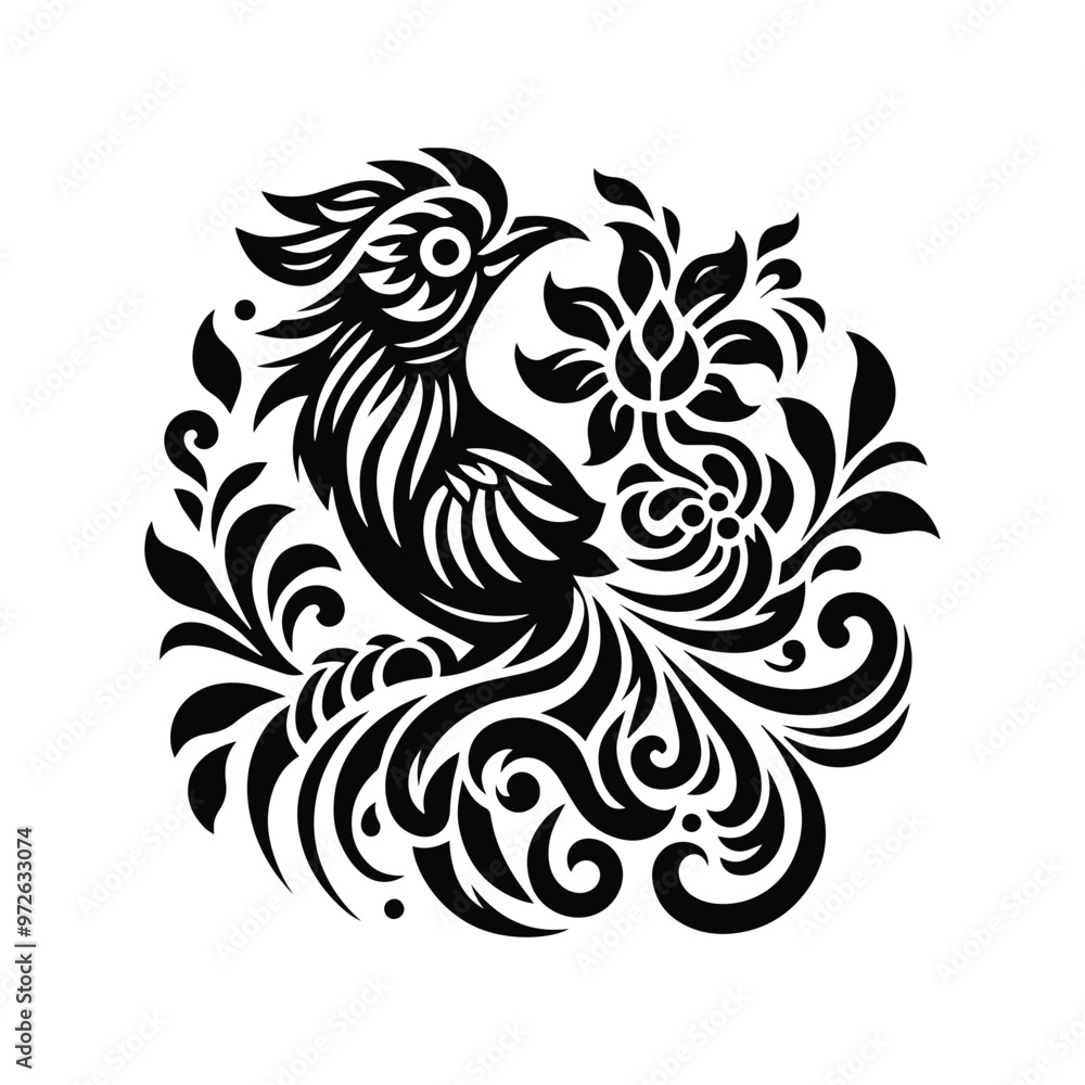 cendrawasih bird in folk art black and white silhouette illustration cendrawasih bird in folk art black and white silhouette illustration