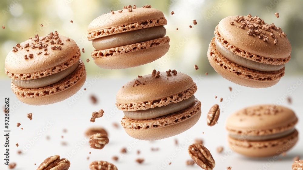 Chocolate macarons float gracefully, surrounded by crushed nuts and soft light Chocolate macarons float gracefully, surrounded by crushed nuts and soft light