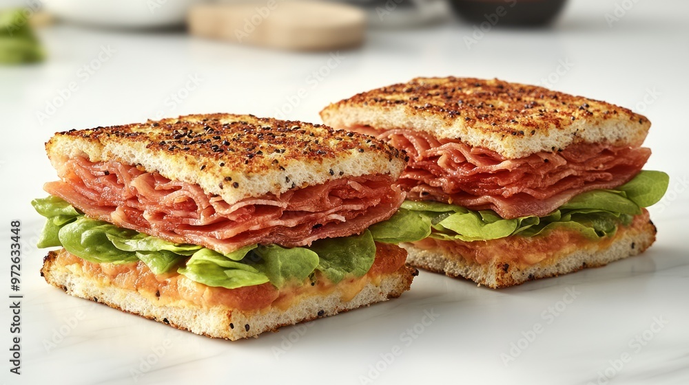 Two enticing sandwiches display stacks of meat and lettuce on toasted bread Two enticing sandwiches display stacks of meat and lettuce on toasted bread