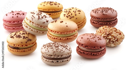 A delectable display of colorful macarons in various flavors arranged invitingly