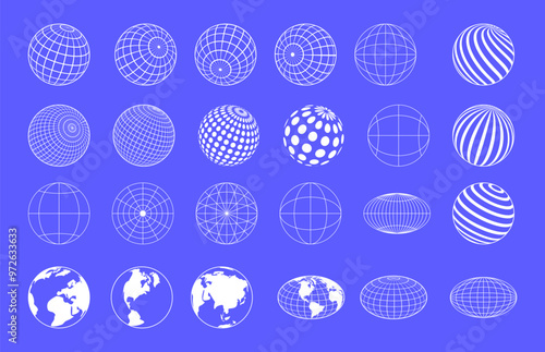 World globe map. Earth planet linear symbol. Y2k grid icon. 3D logo. Travel circle. Network connection. Orb model. Internet website. Digital mesh. Streetwear emblem. Vector garish techno web signs set
