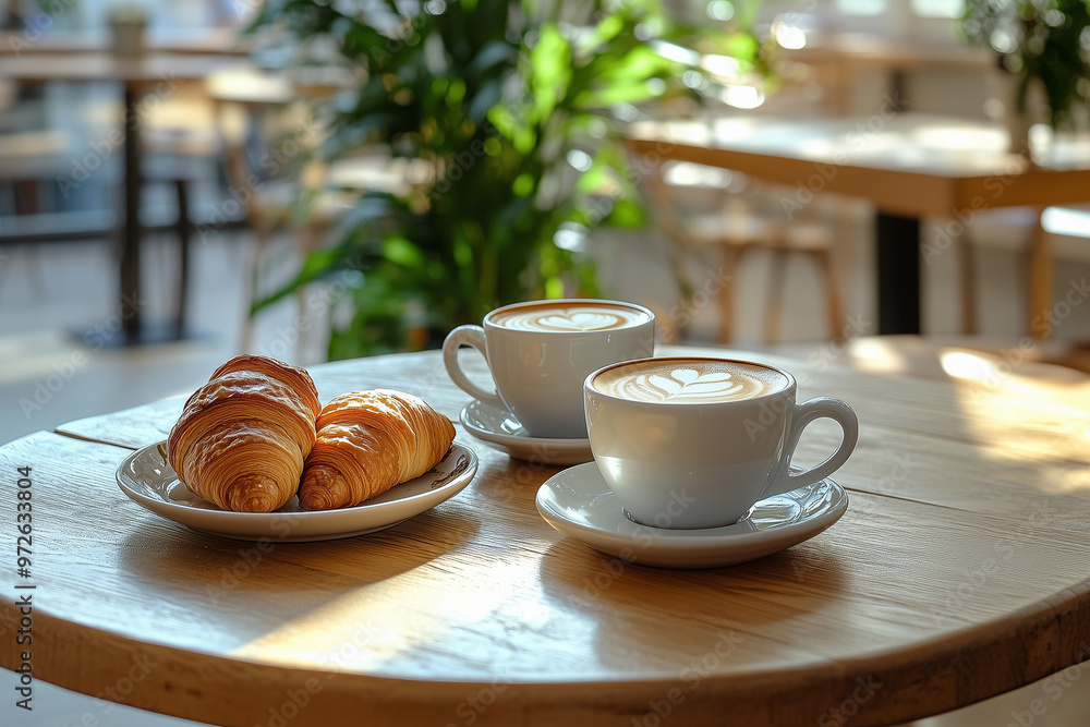A cozy coffee shop table with freshly brewed coffee and golden croissants in warm sunlight A cozy coffee shop table with freshly brewed coffee and golden croissants in warm sunlight