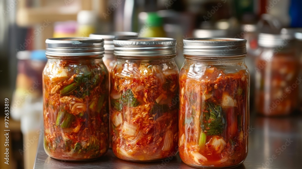 Jars of fermented kimchi, a Korean dish made with cabbage, radish, garlic, ginger, and chili pepper. Jars of fermented kimchi, a Korean dish made with cabbage, radish, garlic, ginger, and chili pepper.