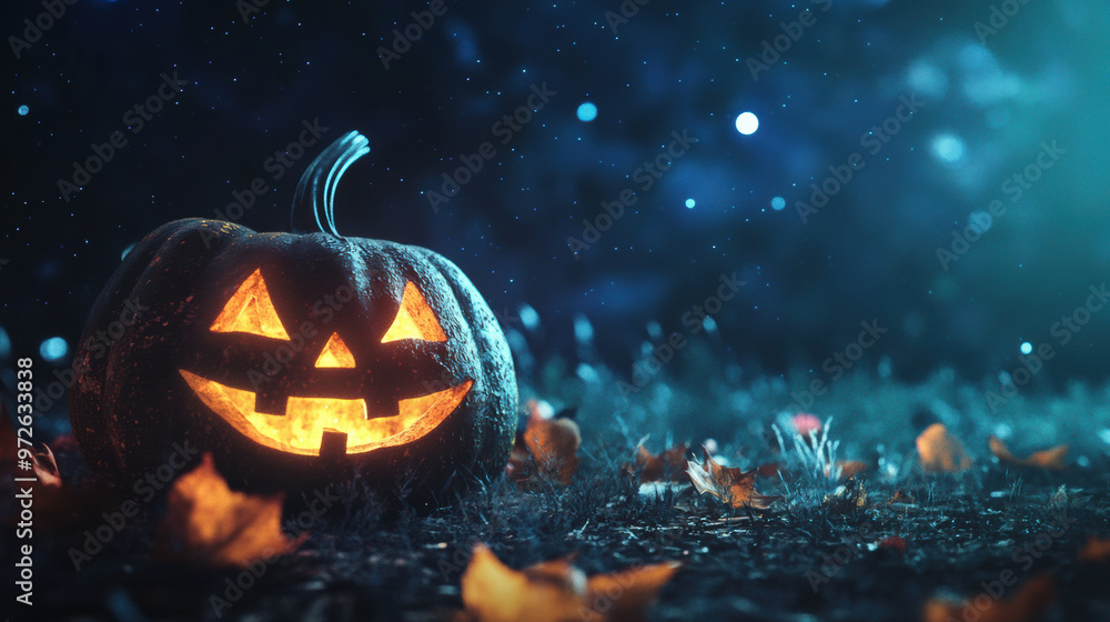 Naklejka premium A glowing jack o lantern sits on ground surrounded by autumn leaves, creating spooky yet festive atmosphere perfect for Halloween. night sky adds magical touch