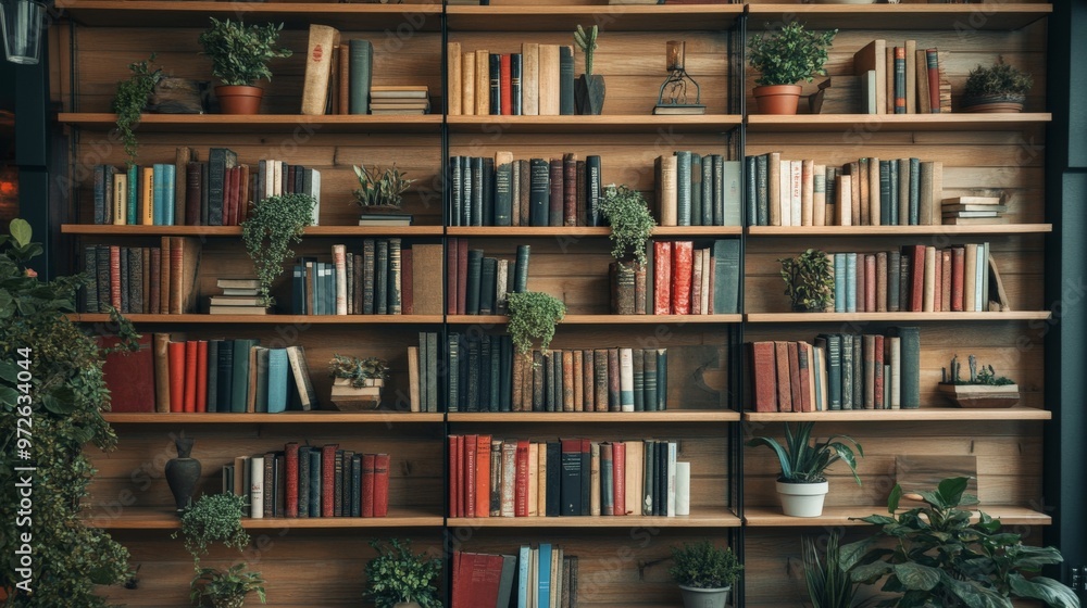Wooden bookshelf with green plants and colorful books in modern interior design Wooden bookshelf with green plants and colorful books in modern interior design