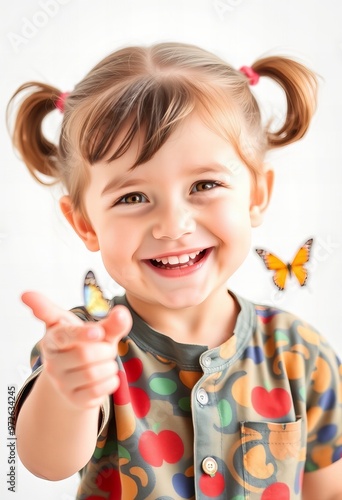  little girl with pigtails holding a butterfly in her hand.