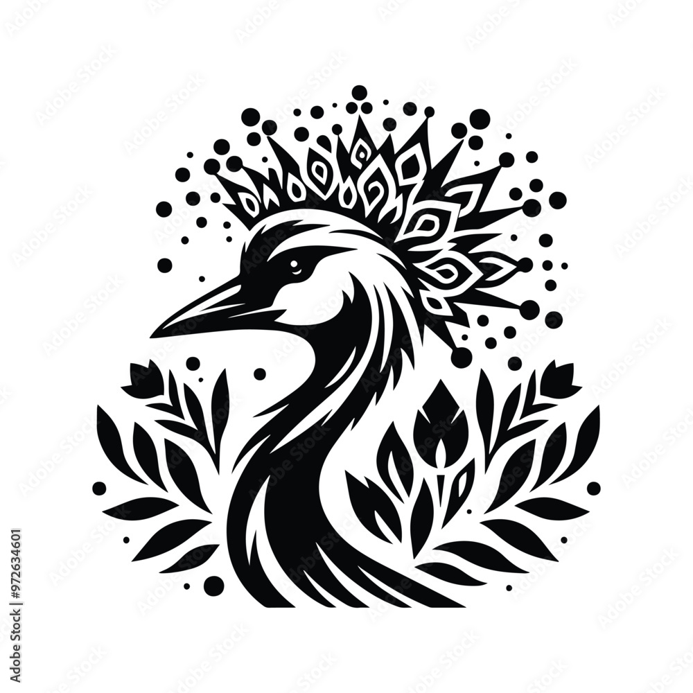 Fototapeta premium Crowned Crane bird in folk art black and white silhouette illustration