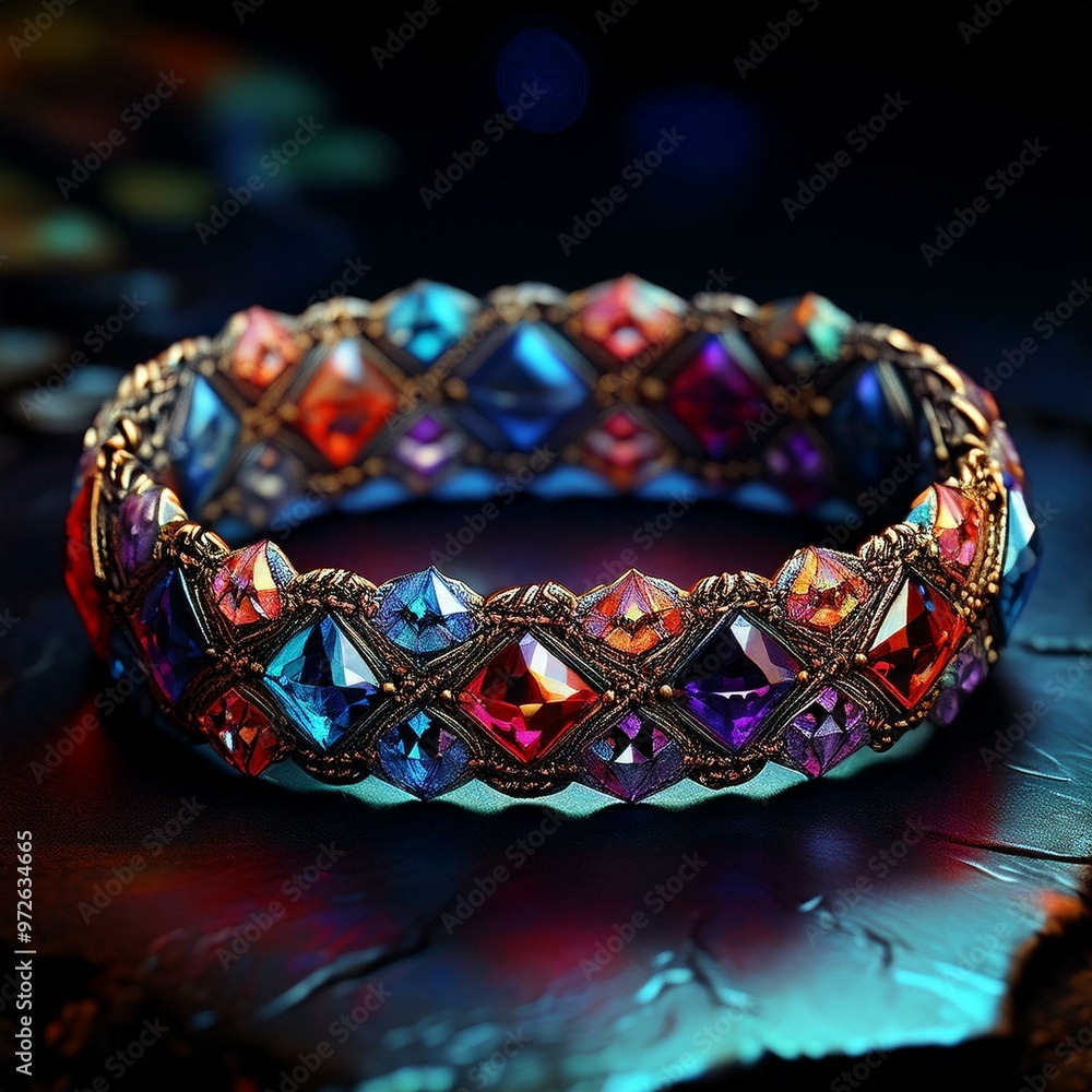 An ornate bracelet featuring blue gemstones set in intricate goldwork, illuminated by a warm, ambient light. Ideal for luxury, fashion, jewelry design, or fantasy-themed projects. An ornate bracelet featuring blue gemstones set in intricate goldwork, illuminated by a warm, ambient light. Ideal for luxury, fashion, jewelry design, or fantasy-themed projects.
