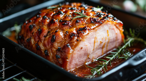 Savoring a delicious anti-inflammatory roast with herbs and a rich glaze in a cozy kitchen setting photo