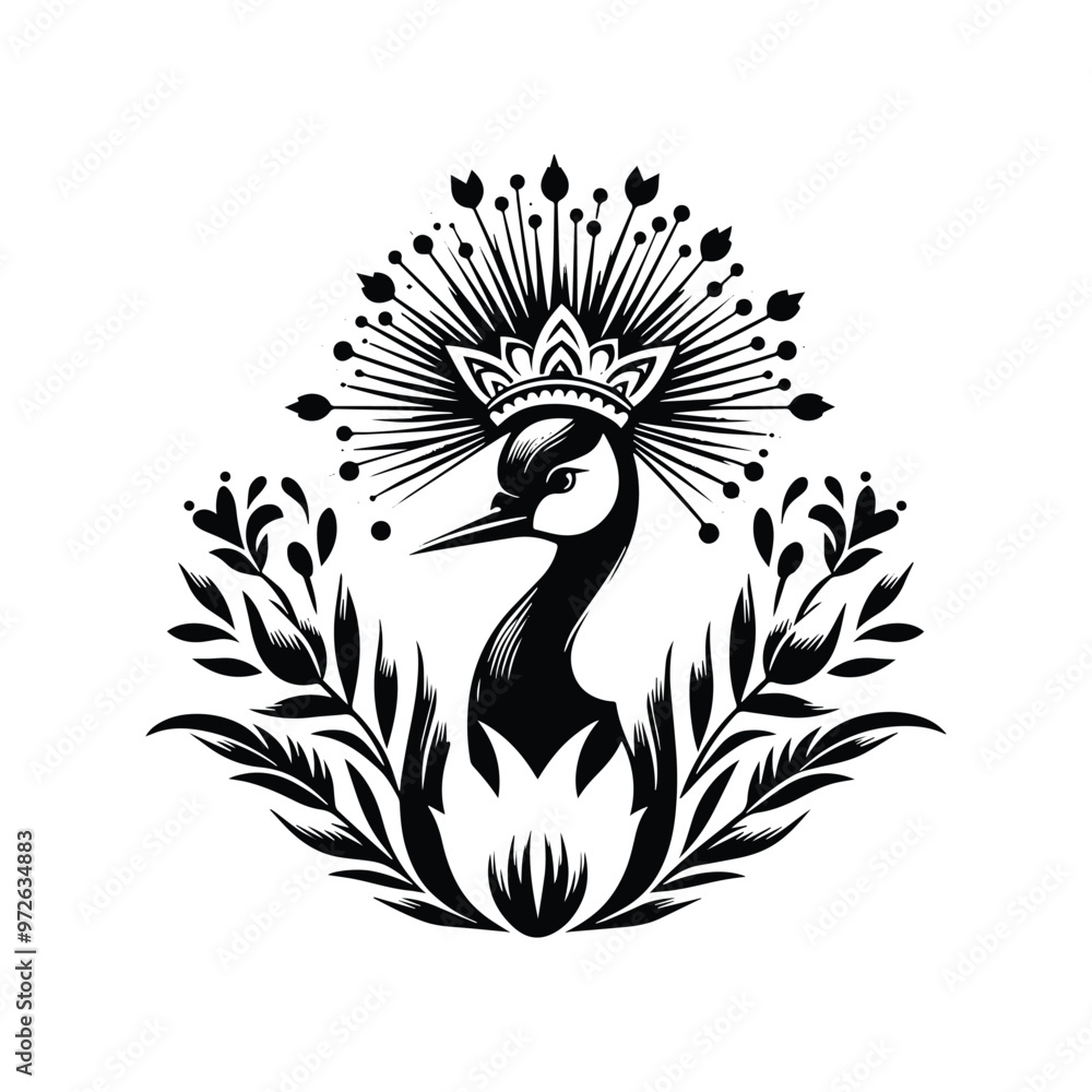 Obraz premium Crowned Crane bird in folk art black and white silhouette illustration