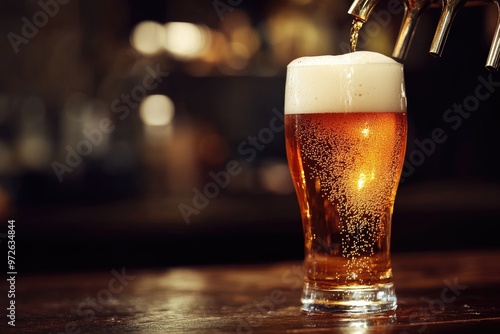 Beer pouring into a glass with a dark pub setting, highlighting the golden liquid photo