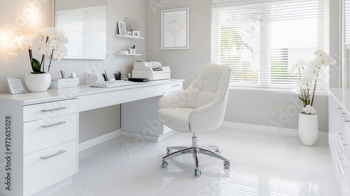 A bright, minimalistic doctorâs office with a white desk and matching chairs, window blinds softly filtering natural light, the room is uncluttered and clean, creating a serene and