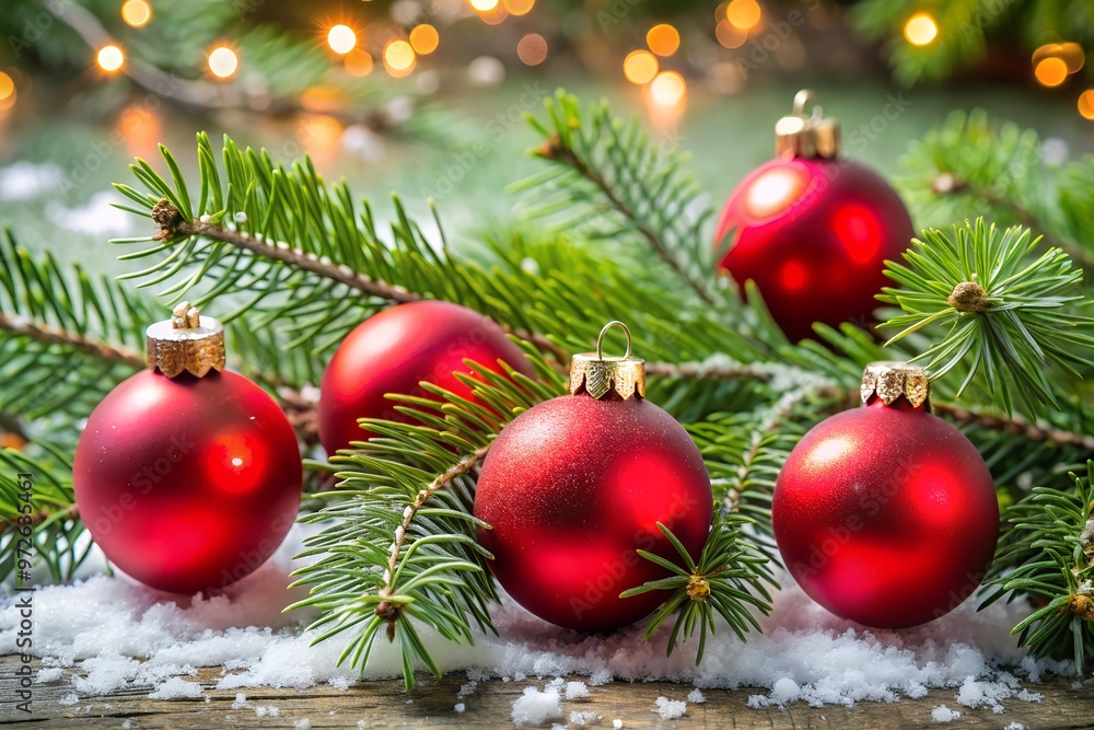 Festive Holiday Season with Red Christmas Ornaments on Evergreen Branches Festive Holiday Season with Red Christmas Ornaments on Evergreen Branches