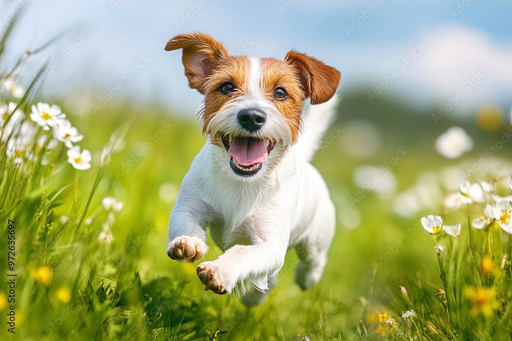 A happy dog runs through a flower meadow A happy dog runs through a flower meadow