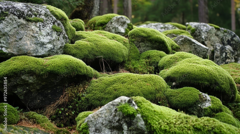 Lush green moss covers rocks in a forest. Lush green moss covers rocks in a forest.
