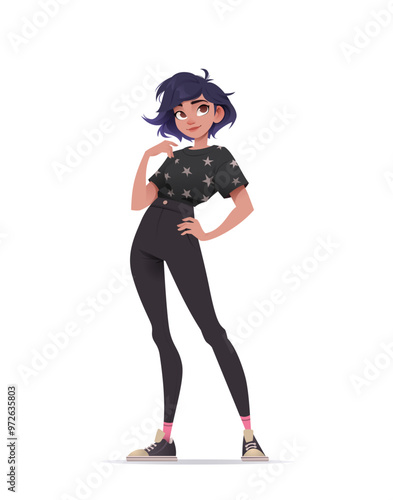 Beautiful woman standing. Smiling girl. Cartoon character. Casual outfit. She wear black t-shirt with star pattern, dark pants, and stylish sneakers with pink socks. Flat vector illustration