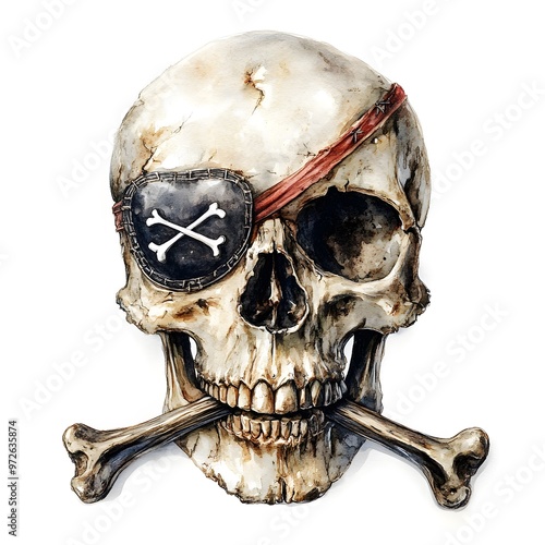 Watercolor Skull with Eyepatch and Crossbones