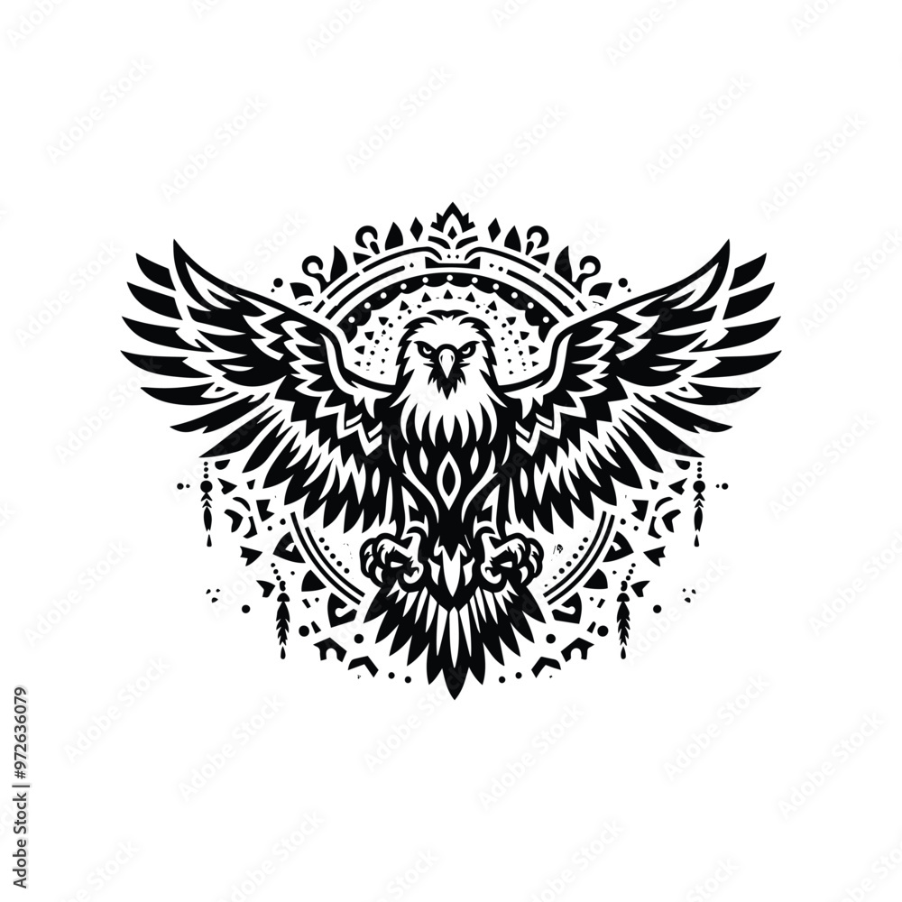 Fototapeta premium Eagle bird in bohemian black and white silhouette illustration
