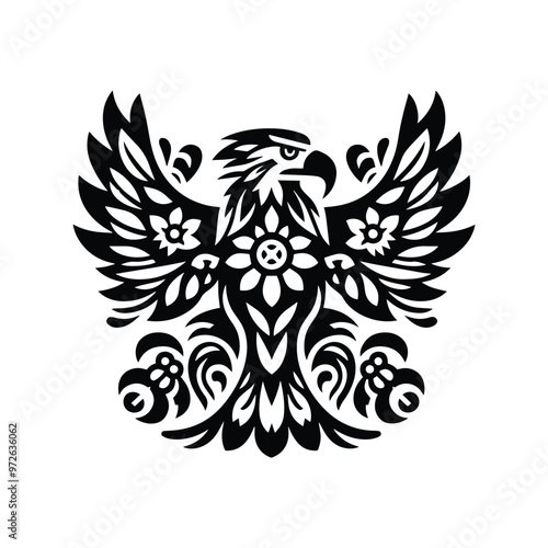 Eagle bird in folk art black and white silhouette illustration