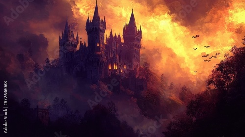 Illustrate a gothic-style Halloween castle with tall towers and dark clouds in the background 50 keywords