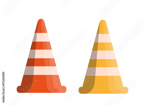 Road barrier concept. Yellow and red cones. Traffic regulations, repair industry. Template and layout. Construction industry. Flat vector illustration isolated on white background