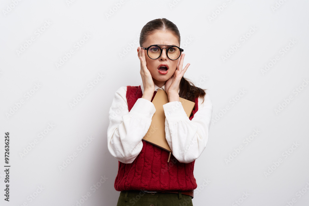 surprised girl with glasses holding notebook, white background, casual clothing, emotional expression, bright colors, engaging and relatable, capturing genuine surprise surprised girl with glasses holding notebook, white background, casual clothing, emotional expression, bright colors, engaging and relatable, capturing genuine surprise