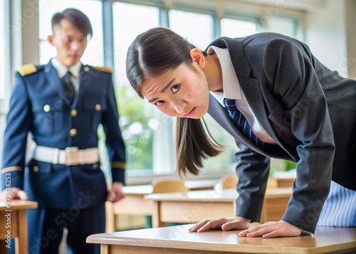 Mischievous young female student in uniform bending over desk, receiving disciplinary action from authority figure, photo