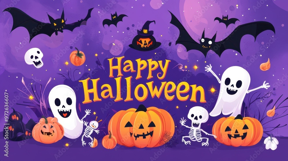 This lively Halloween banner showcases the text Happy Halloween in vibrant colors, surrounded by cute pumpkins, dancing skeletons, and bats This lively Halloween banner showcases the text Happy Halloween in vibrant colors, surrounded by cute pumpkins, dancing skeletons, and bats