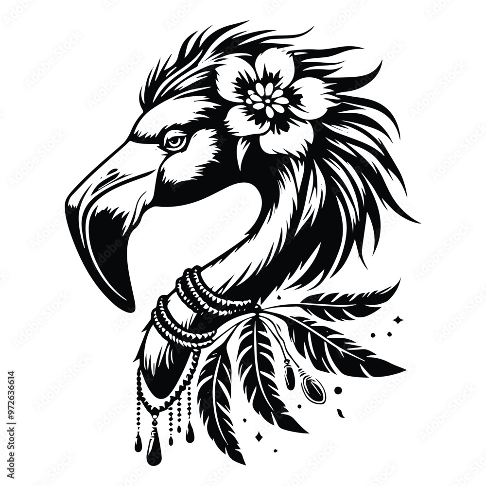 Fototapeta premium Flamingo bird in bohemian black and white silhouette illustration