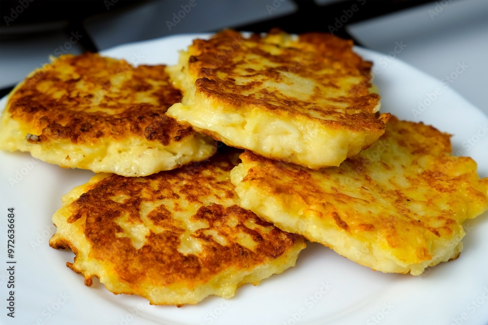 Cooked fried fresh potatoes pancakes, draniki on plate on kitchen at home. Preparing fresh dish. Cuisine, culinary, recipe. Traditional Russian food on lunch dinner fry on vegetable oil. Cooked fried fresh potatoes pancakes, draniki on plate on kitchen at home. Preparing fresh dish. Cuisine, culinary, recipe. Traditional Russian food on lunch dinner fry on vegetable oil.